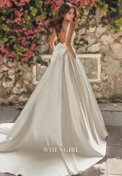 A-Line Square Straps Sleeveless Satin Open Back Wedding Dress with Train