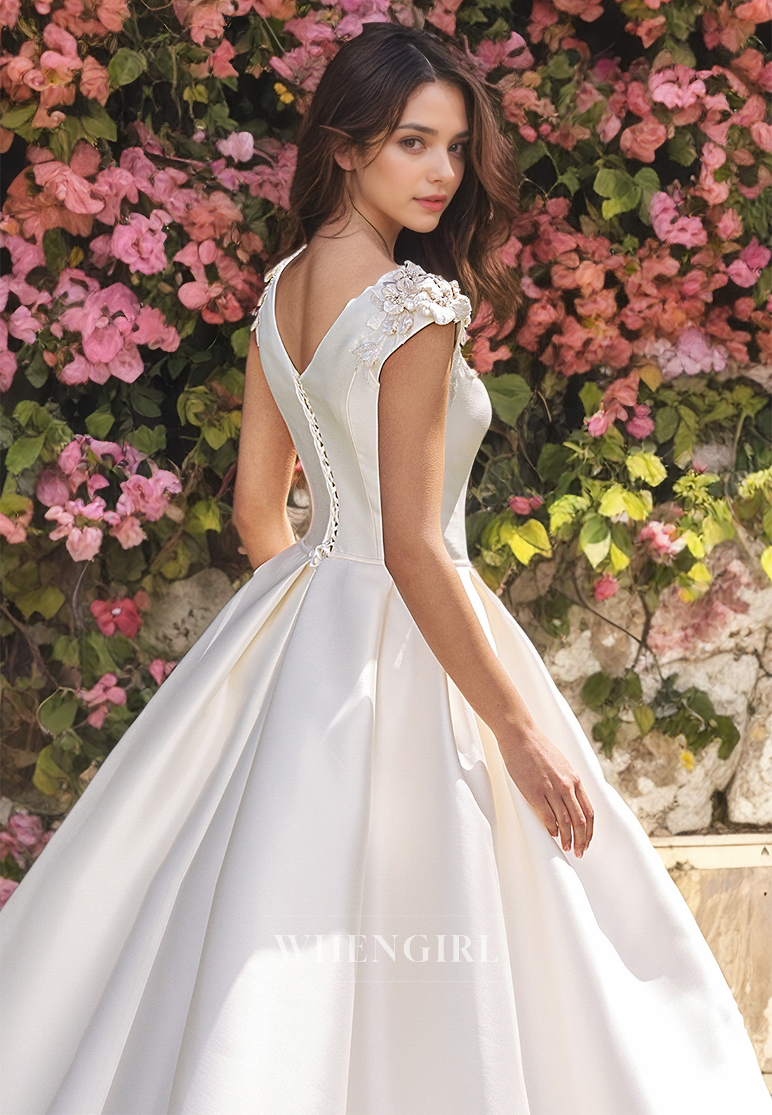 A-Line High Neck Cap Sleeves Appliques Long Satin Wedding Dress with Train