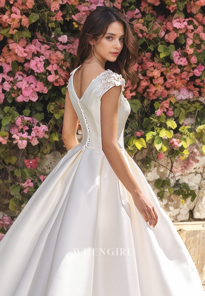 A-Line High Neck Cap Sleeves Appliques Long Satin Wedding Dress with Train