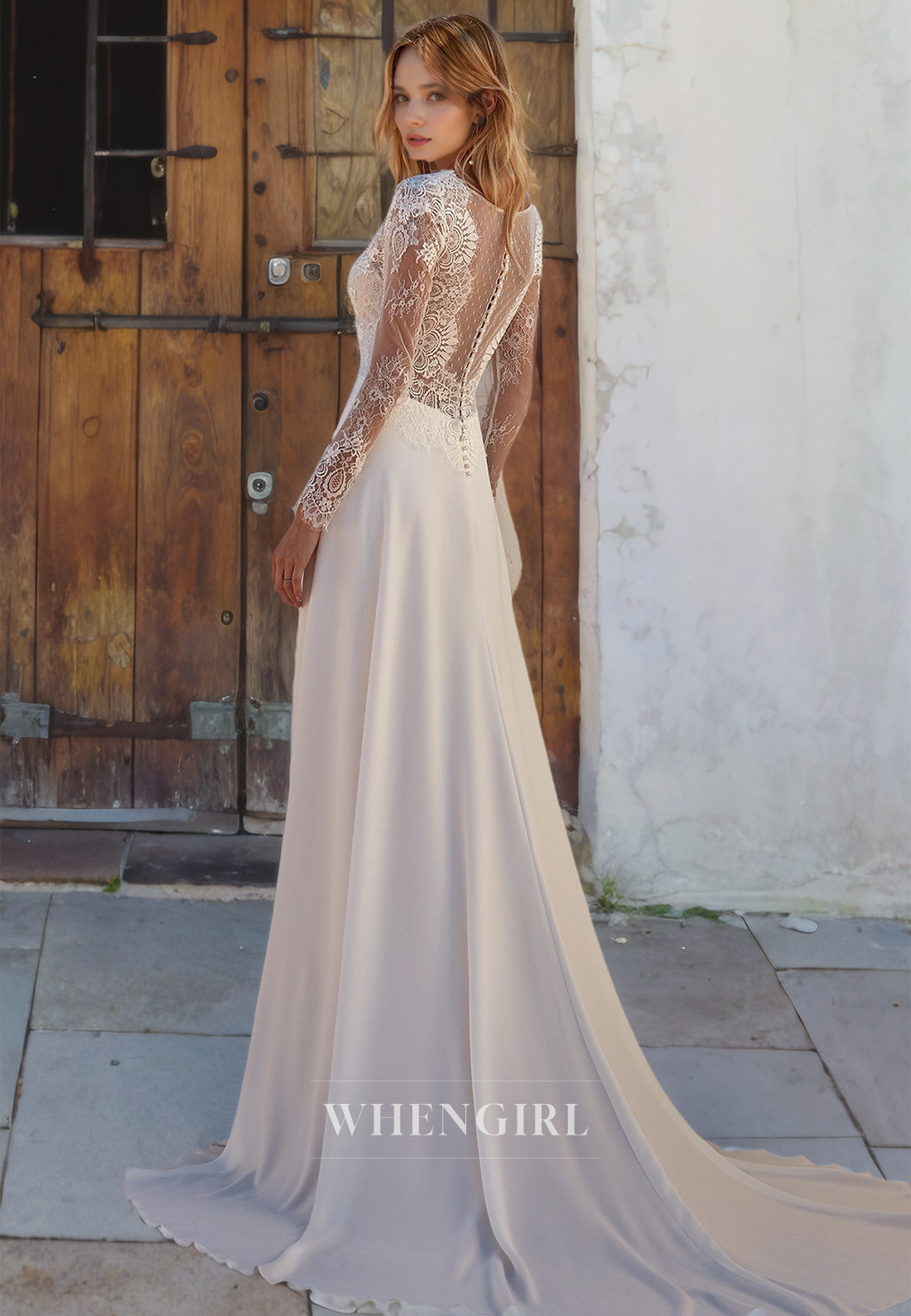 A-Line V Neck Long Sleeves Lace Appliques Open Back Long Wedding Dress with Train