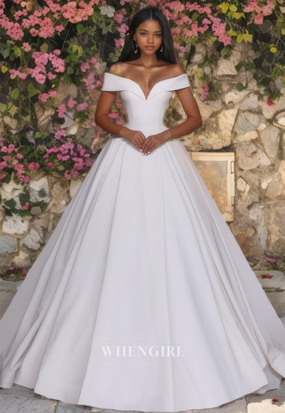 A-Line Off Shoulder Sleeveless Pleated Back Zipper Satin Wedding Dress