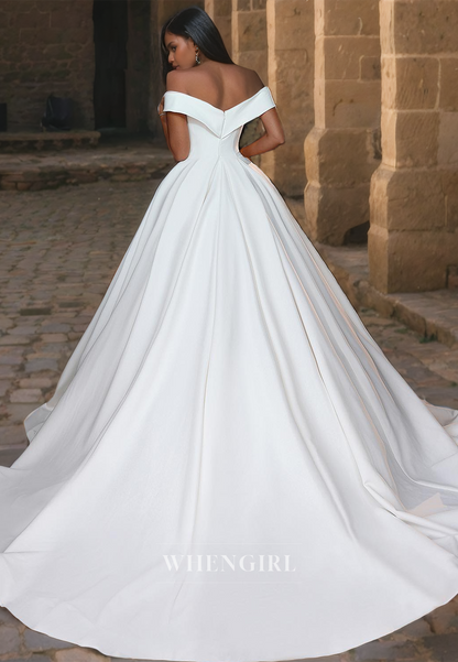 A-Line Off Shoulder Sleeveless Pleated Back Zipper Satin Wedding Dress