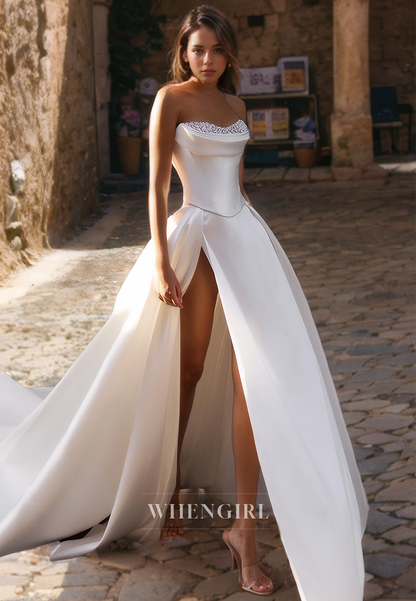 A-Line Strapless Sleeveless Pleated Beaded Satin Long Wedding Dress with High Side Slit and Train