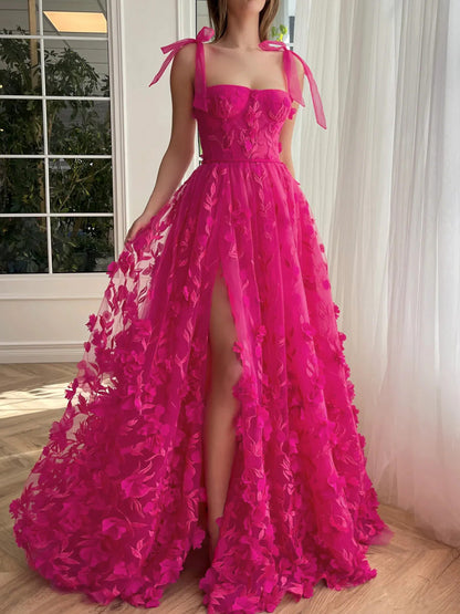 A-Line/Princess Spaghetti Straps Long Prom Floral Dresses With Split Side