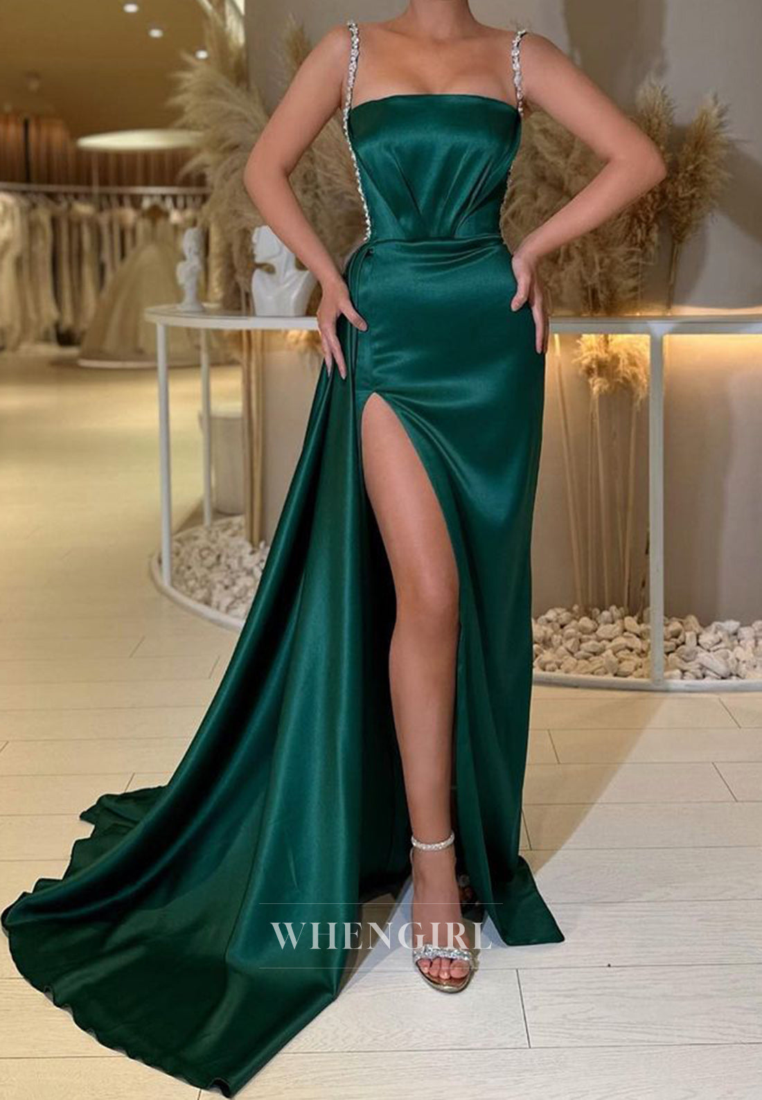 Classic Tube Top Straps Sheath Side Slit Satin Formal Gowns with Beaded Prom Dress