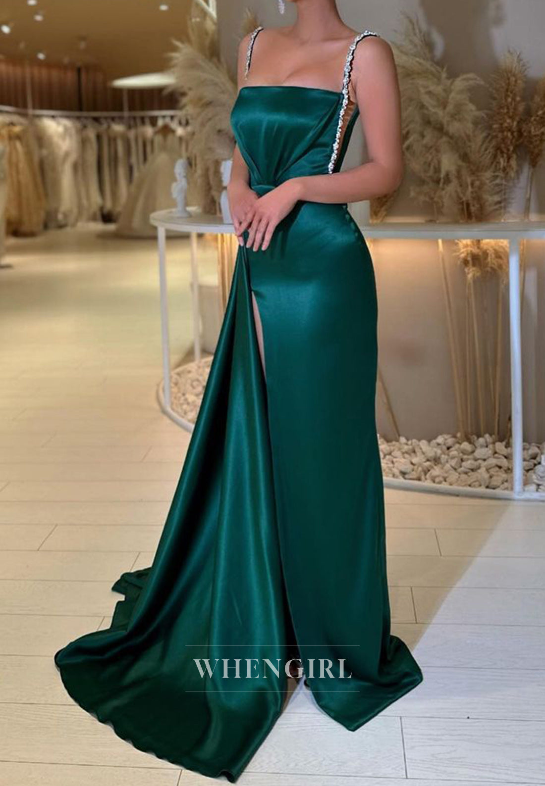 Classic Tube Top Straps Sheath Side Slit Satin Formal Gowns with Beaded Prom Dress