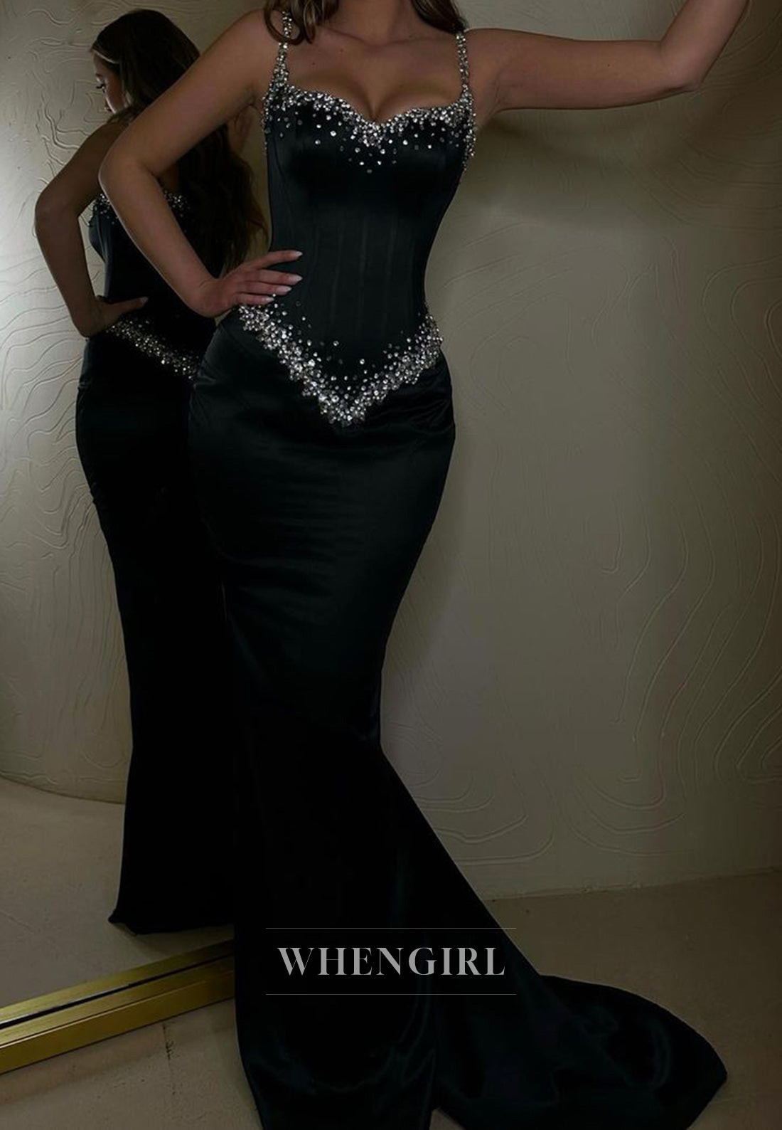 Elegant Sweetheart Straps Mermaid Beaded Satin Formal Gowns Prom Dress with Train
