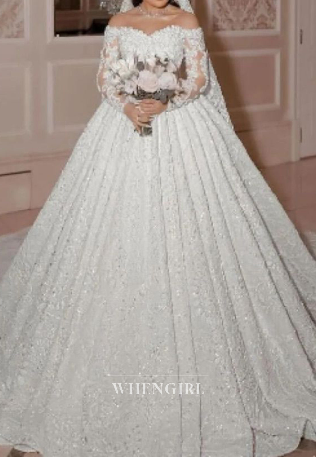 Luxury Off Shoulder Long Sleeves Beade Ball Gown Wedding Dress with Cathedral Train