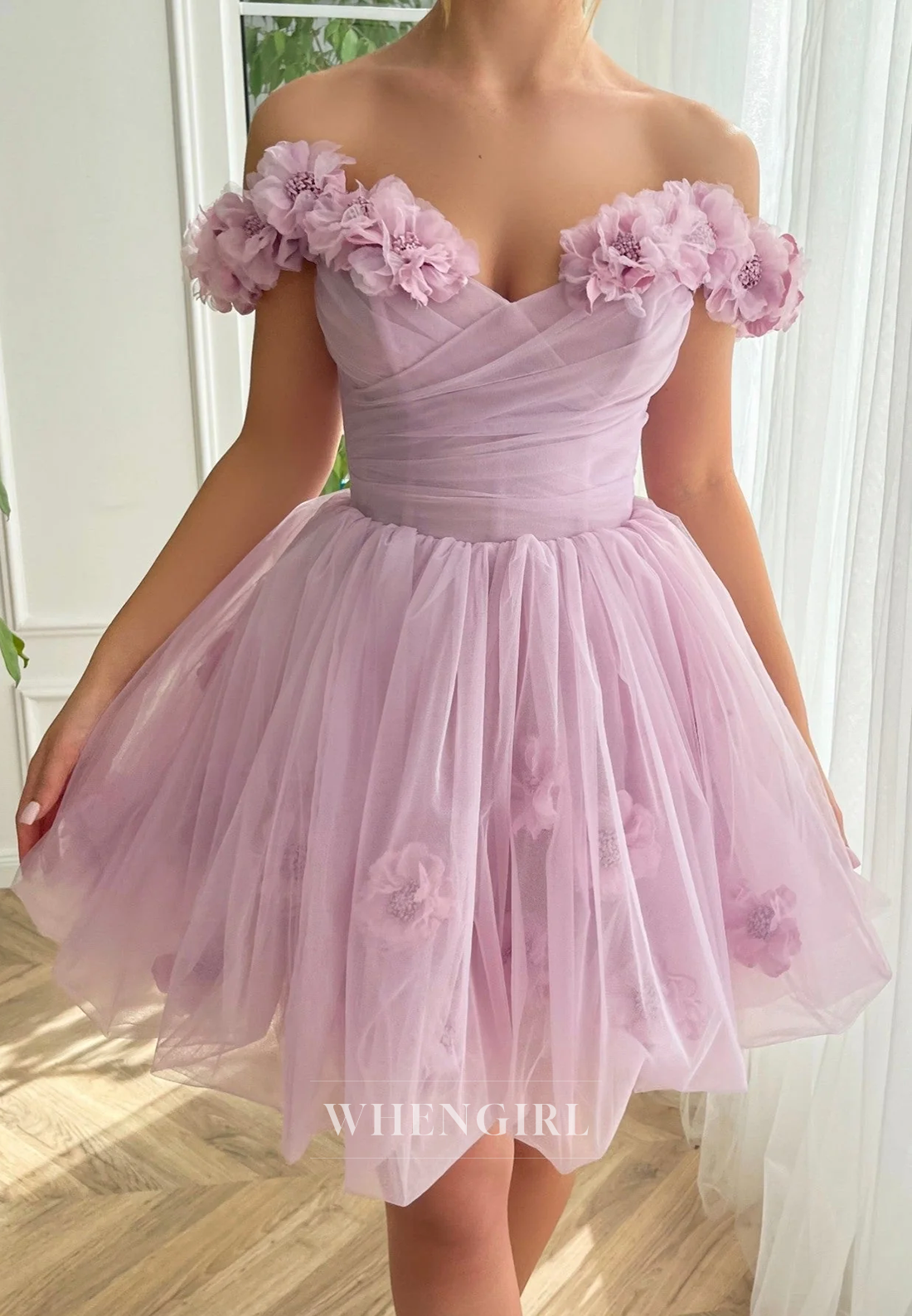 A-Line Off Shoulder Floral Straps Lace Up Short Homecoming Dress