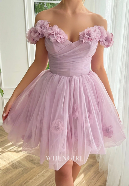 A-Line Off Shoulder Floral Straps Lace Up Short Homecoming Dress