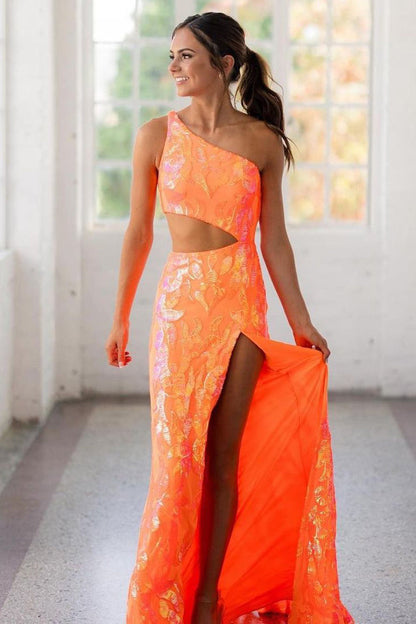 Sparkly Mermaid One Shoulder Orange Sequins Long Prom Dresses with Lace