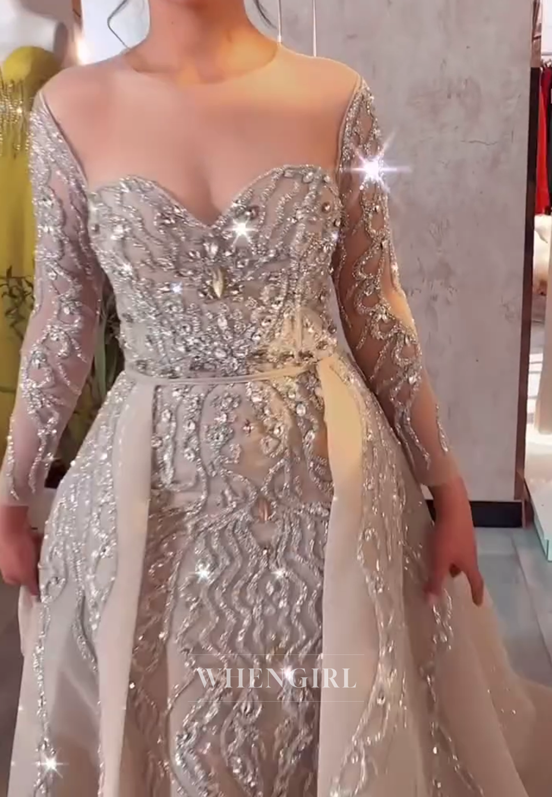 Champagne Rhinestones Beading Long Sleeves Sweetheart Sheath Formal Evening Dress with Train