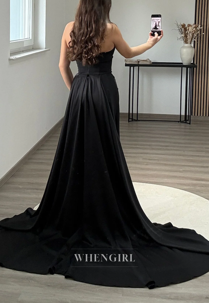 Simple Sleeveless Pleated Strapless Back Zipper Column Evening Formal Dress with Court Train