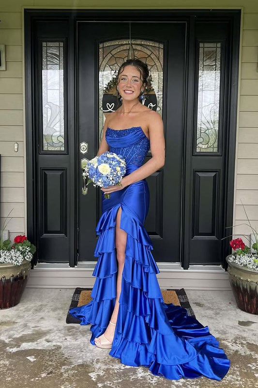Cute Mermaid Scoop Neck Royal Blue Prom Dress with Slit