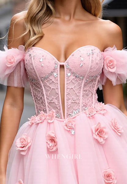 Pale Blush Sweetheart Beaded Lace Off Shoulder Flowers Tulle A-Line Short Homecoming Dress