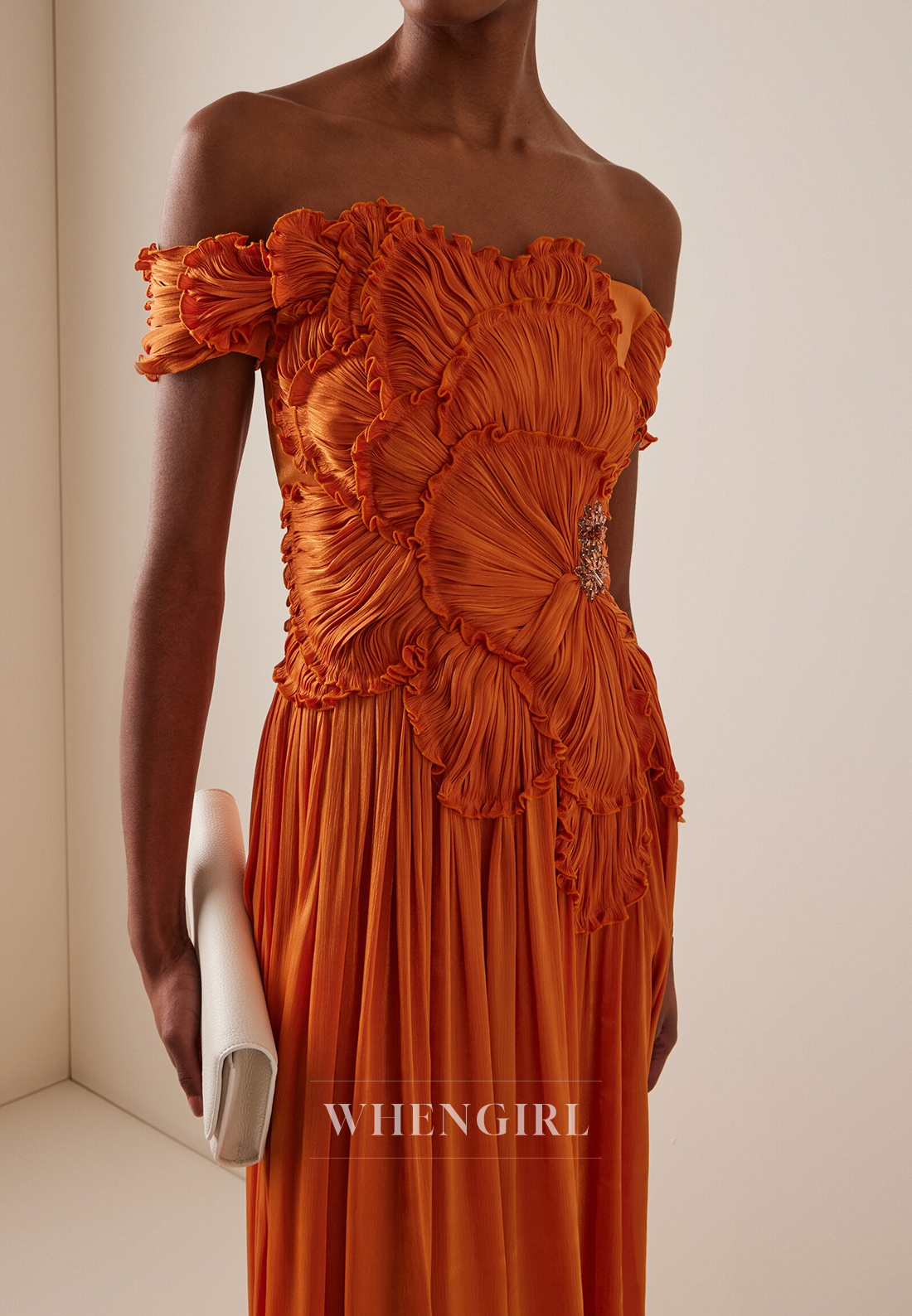 Orange Pleated Floral Side Slit Off Shoulder Column Evening Formal Dress
