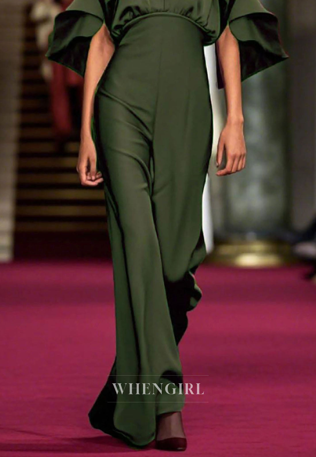Evening Party Jumpsuit Bell Sleeves Deep V Neck Sheath Satin Jumpsuit