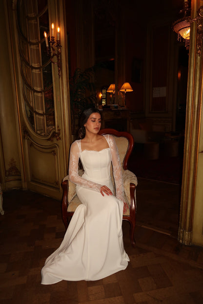 Sheath Square Neck Long Sleeves Floor Length Wedding Dress