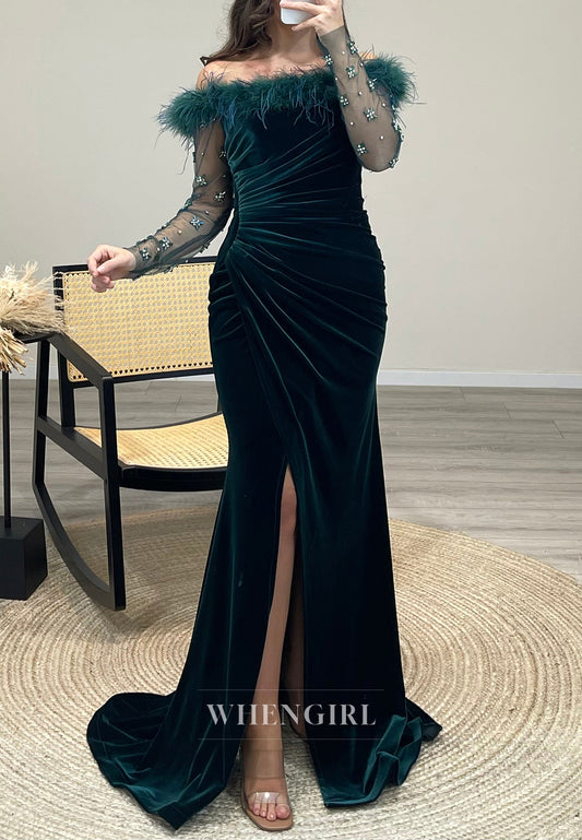 Unique Feather Mermaid Side Slit Pleated Beading Long Sleeve Formal Evening Gown