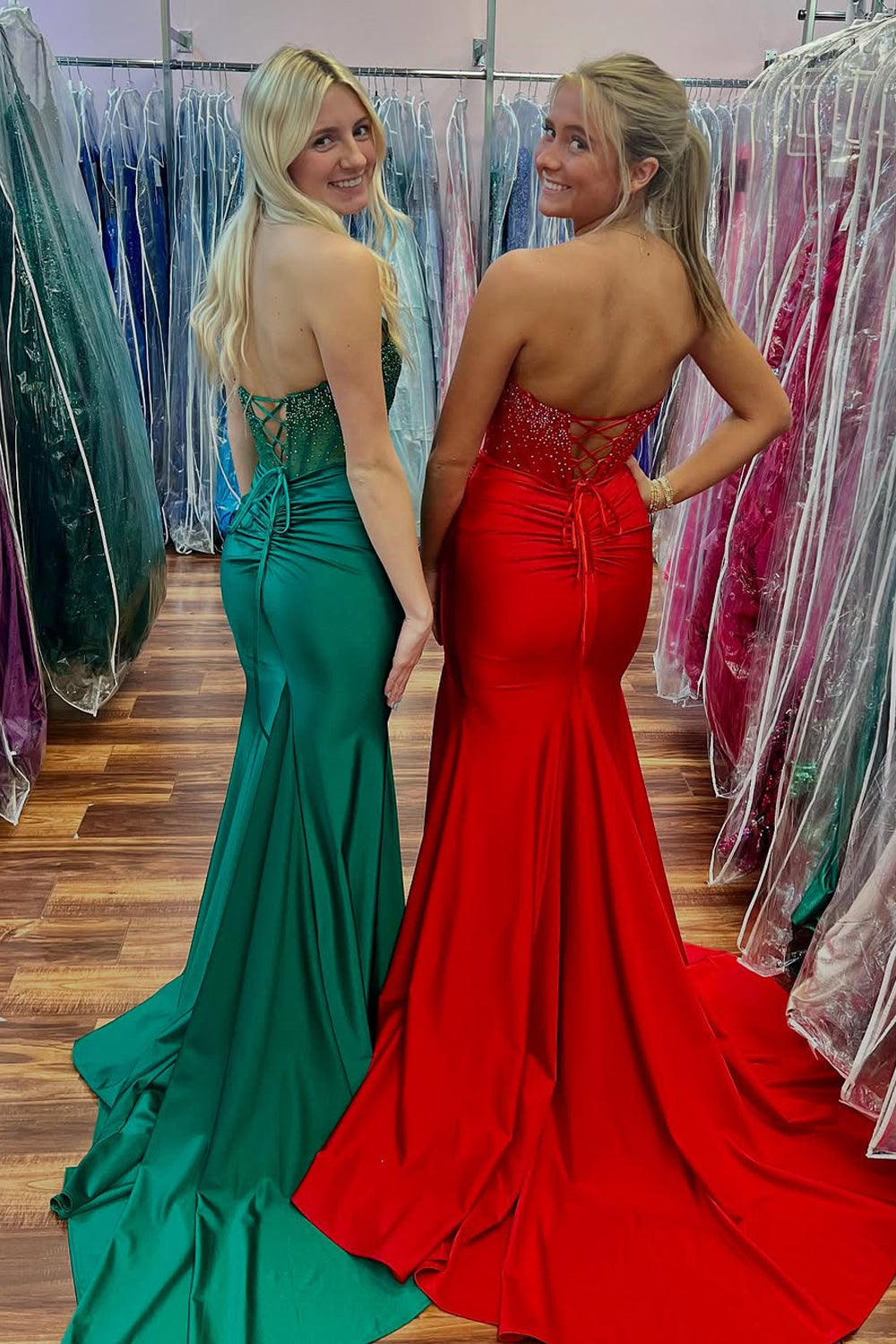 Mermaid Strapless Green Satin Long Prom Dresses with Slit