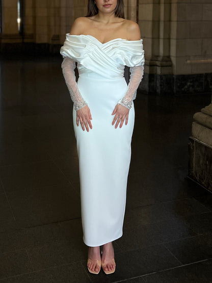 Sheath Off Shoulder Long Sleeves Ankle Length Wedding Dress