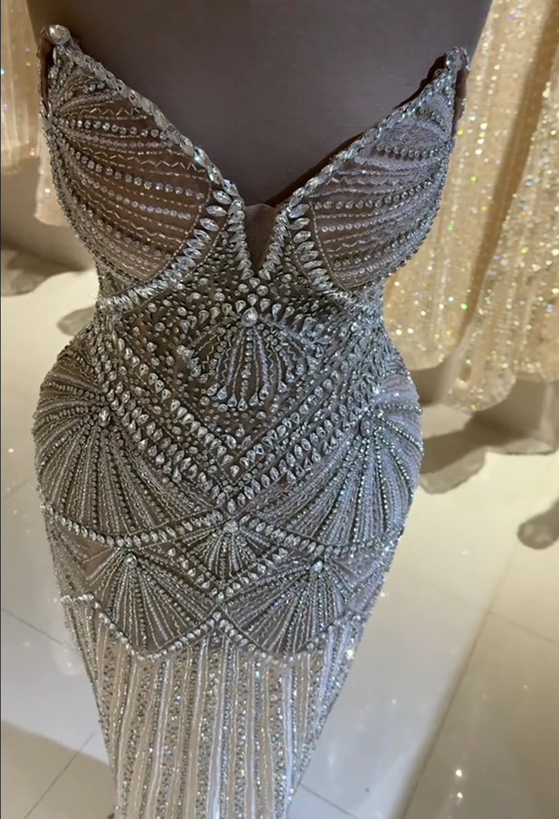 Art Deco Beaded Spaghetti Strap Evening Gown