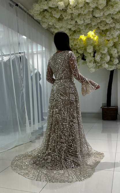 Champagne Asymmetrical Neck Long Sleeves Evening Dress