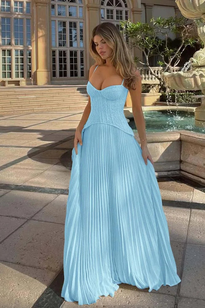 Spaghetti Strap Sleeveless Long Prom Dress With Ruffles Embroidery