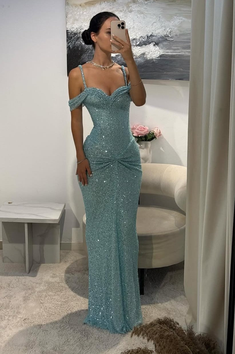 Off the Shoulder Sleeveless Long Mermaid Evening Formal Dress With Sequined