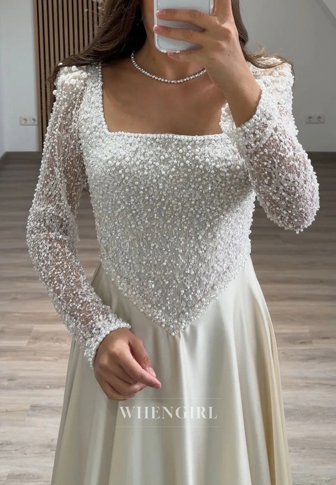 A-Line Beaded Square Neck Long Sleeves Long Formal Evening Dress