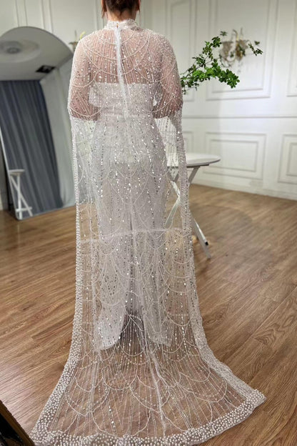 High Neck Sheath Pearls Prom Dresses With Cape Long Sequins Beads