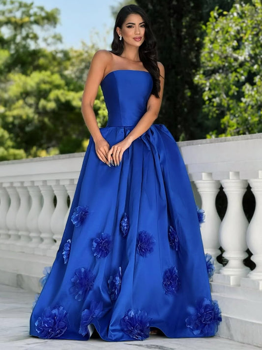 Handmade Flower Royal Blue Graceful Straight Across Sleeveless Prom Dress