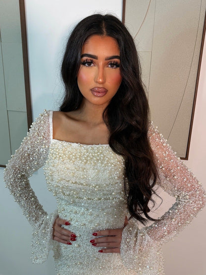 Off White Square Neck Bell Sleeves Beading Formal Gown with Train