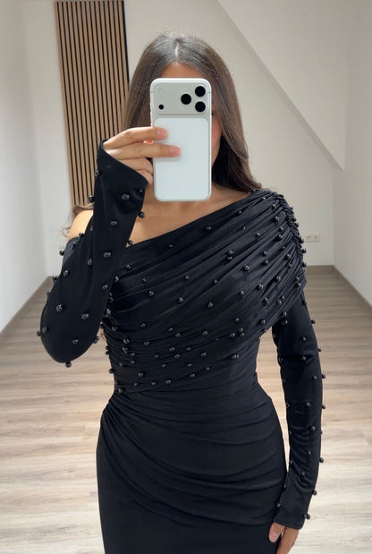 Black One Shoulder Long Sleeves Beaded Sheath Evening Formal Gown