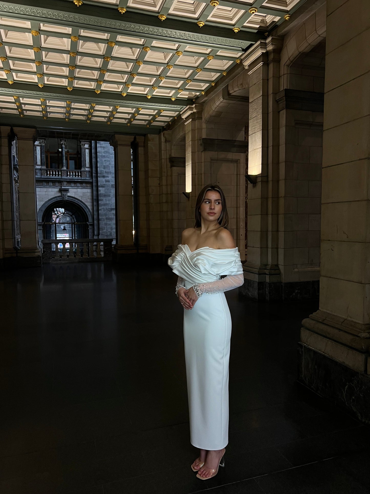 Sheath Off Shoulder Long Sleeves Ankle Length Wedding Dress