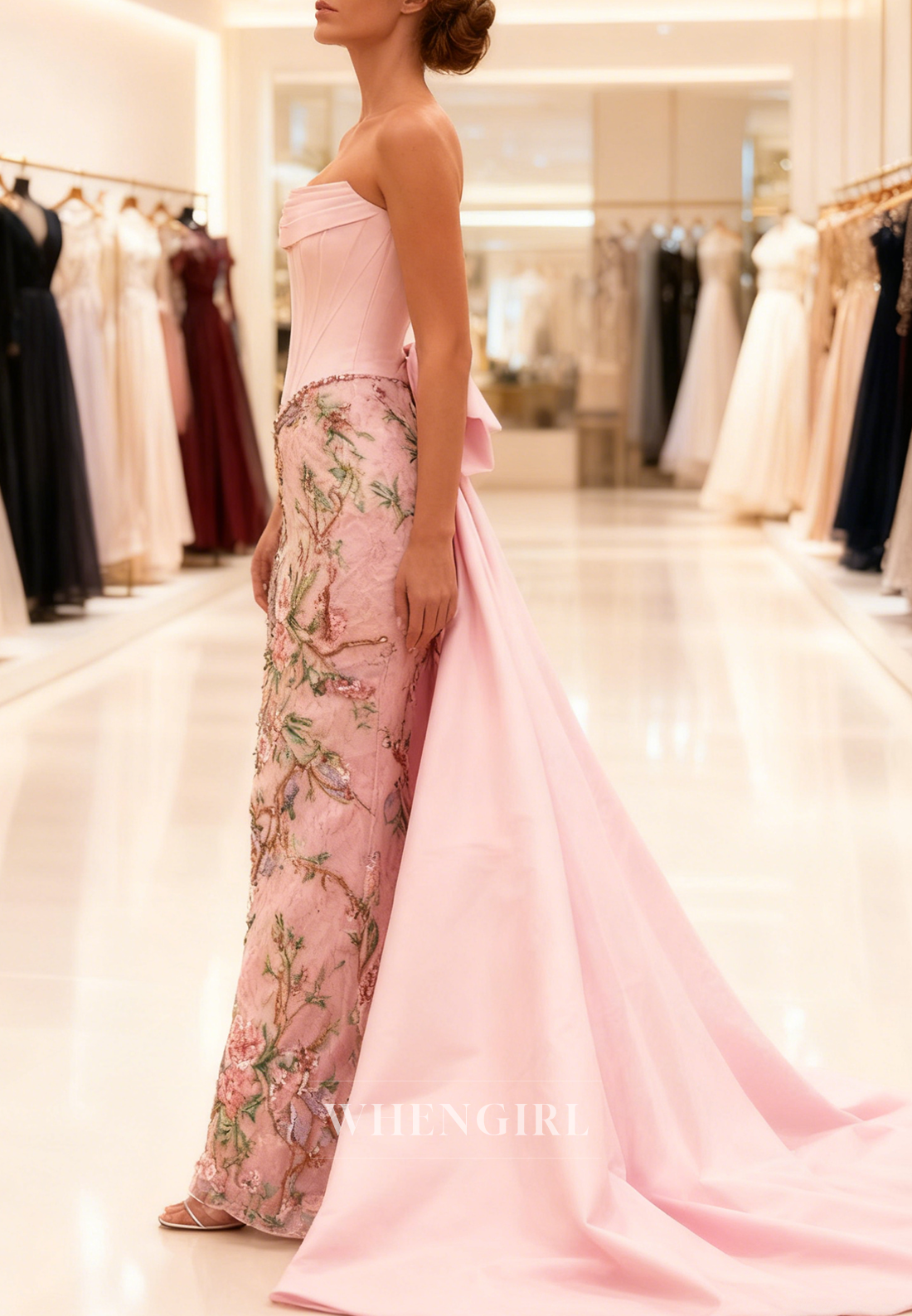 Pink Mermaid Tube Top Sleeveless Pleated Floral Bowknot Prom Dress