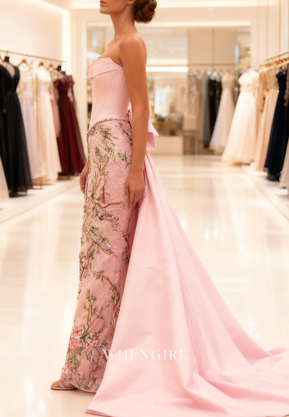 Pink Mermaid Tube Top Sleeveless Pleated Floral Bowknot Prom Dress