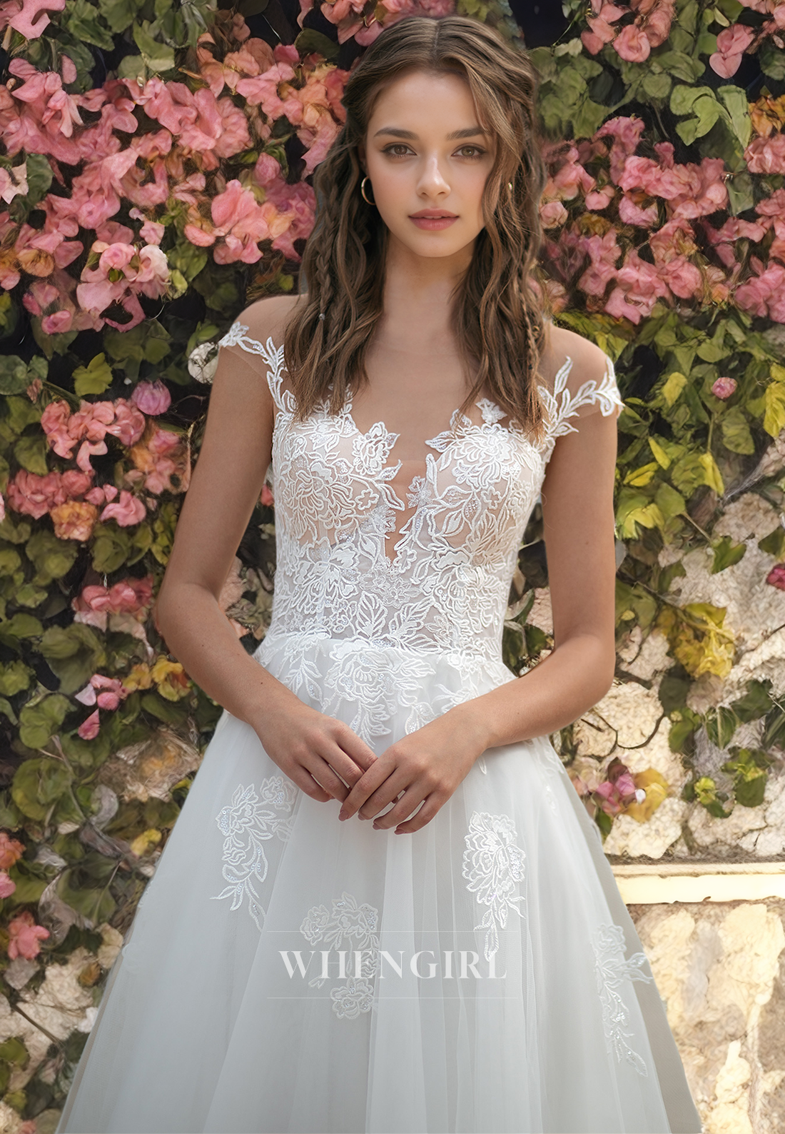 A-Line Strapless Cap Sleeves Lace Appliques Tulle Wedding Dress with Train