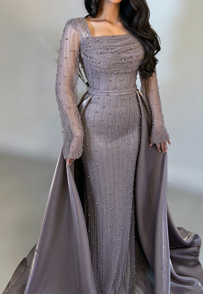 Sheath Square Neck Long Sleeves Beaded Sweep Train Evening Dress