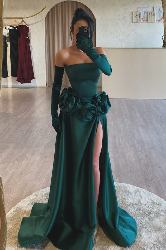 Strapless Sleeveles Long Gloves Flowers High Side Slit and Train Prom Dress