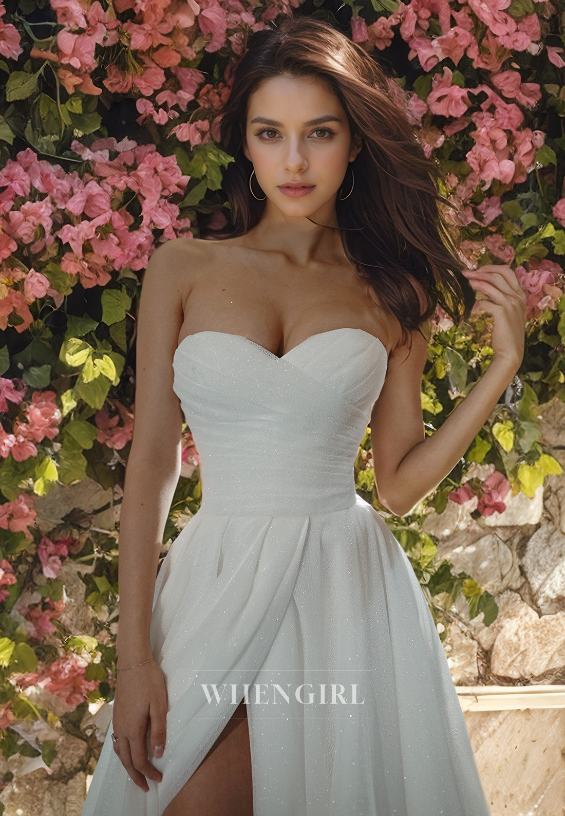 A-Line Strapless Sleeveless Pleated Satin Wedding Dress with High Side Slit and Train