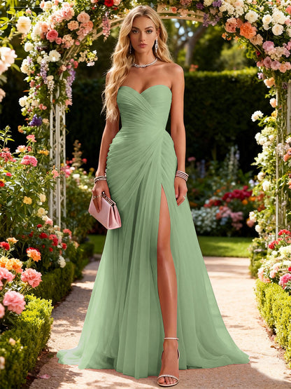 Ruched Slit Tulle Strapless Sleeveless Sheath Formal Gown