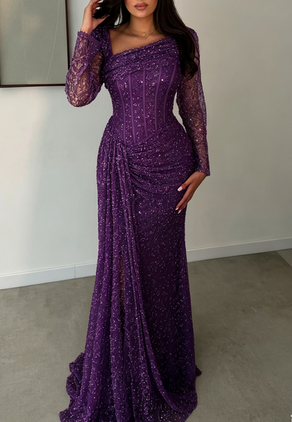 Asymmetrical Corset Beaded Long Sleeve Evening Gown with Slit