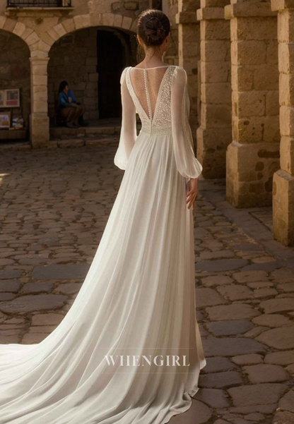 Elegant A-Line V Neck Long Sleeves Lace Chiffon Wedding Dress