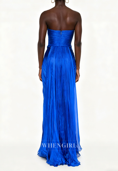 Scoop Neck Sleevelss Strapless Pleated Long Formal Evening Dress