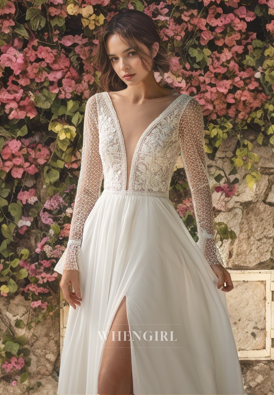 A-Line V Neck Long Sleeves Lace Appliques V Back Chiffon Wedding Dress with High Side Slit and Train