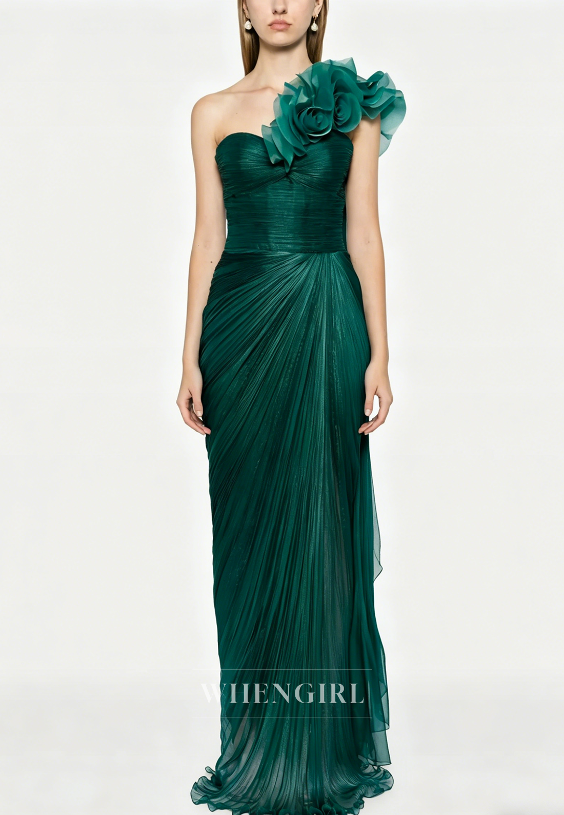 One Shoulder Floral Ruched Sheath Evening Dress