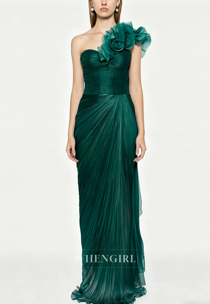 One Shoulder Floral Ruched Sheath Evening Dress