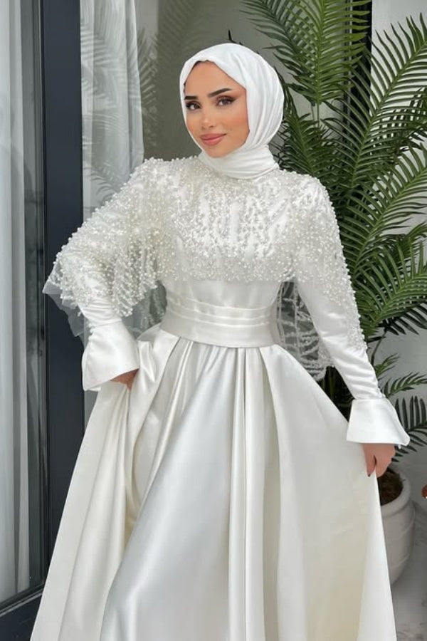 Satin Long Sleeves Muslim Wedding Dress With Pearls Wrap