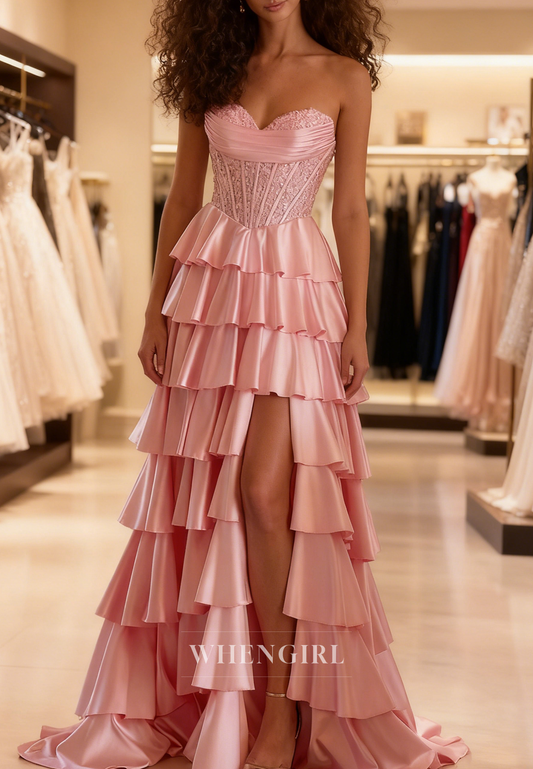 Pink Sweetheart Sleeveless Side Slit Multi Tired Ruffles Lace Up Prom Dress